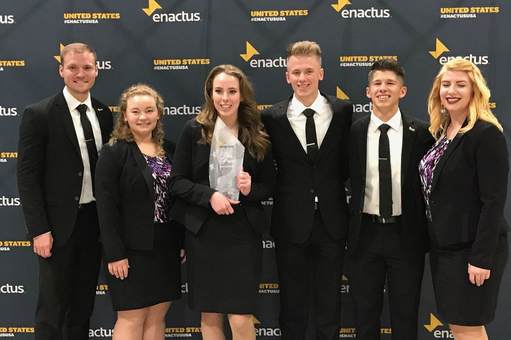 Strong Finish
Southwest Baptist University Enactus team members, above, celebrate their top 12 finish during the recent Enactus U.S. National Exposition in Kansas City.